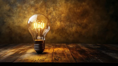 Incandescent filament bulb on rustic plank surface, illuminated.