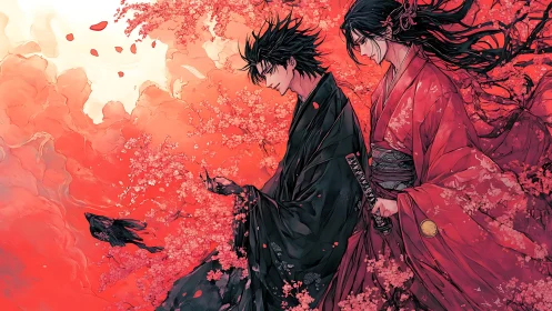 Samurai couple stride through crimson blossoms in silence.