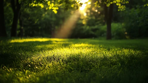 Soft morning sunlight resting gently across green grass.