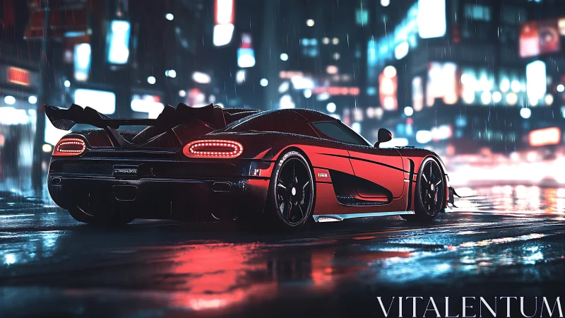 Neon drenched supercar idling on slick cyberpunk street.