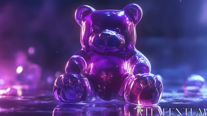 Vibrant purple gummy bear in dreamy neon lighting, digital art style.