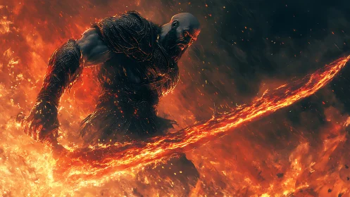 Volcanic warlord with molten greatsword in eruptive inferno field.