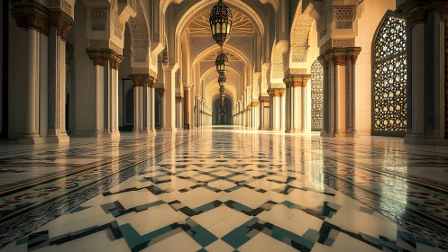 Sunlit Islamic arcade showcases ornate arches and reflections