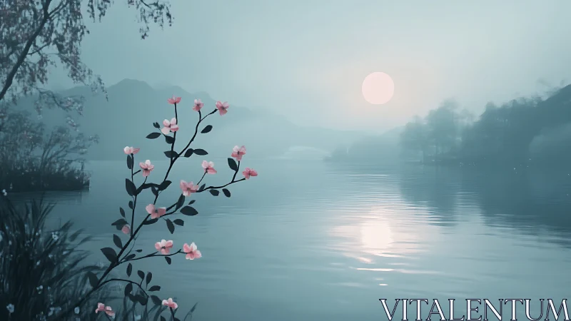 Soft moonlit lake with misty mountains and pink blossom branch