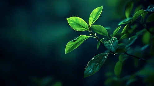Close-up of Dewy Green Leaves on a Branch, Moody Nature Photography.