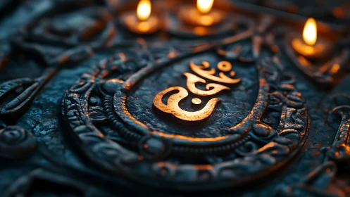 Ornate metallic Om symbol lit by small warm candles.