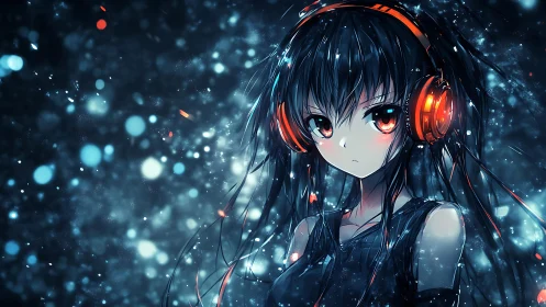 Anime girl with orange headphones in glowing night scene.