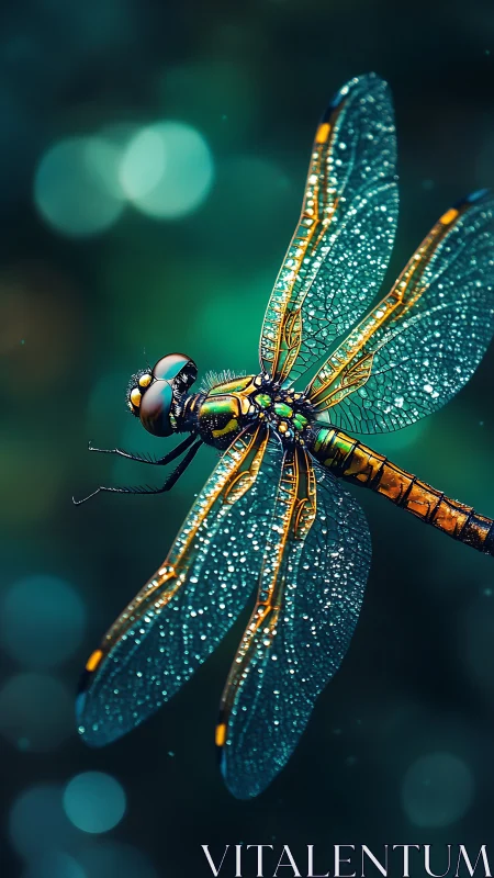 Macro view of dew covered dragonfly on teal bokeh field.