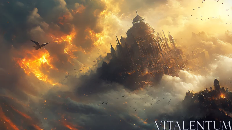 Floating fortified palace above clouds amid firelit sky.