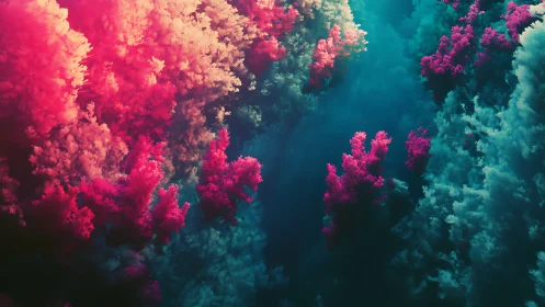 Radiant coral clouds drift through a surreal teal void.