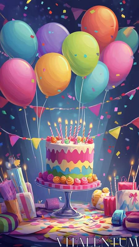 Multilayer Birthday Cake With Balloons and Confetti Display.