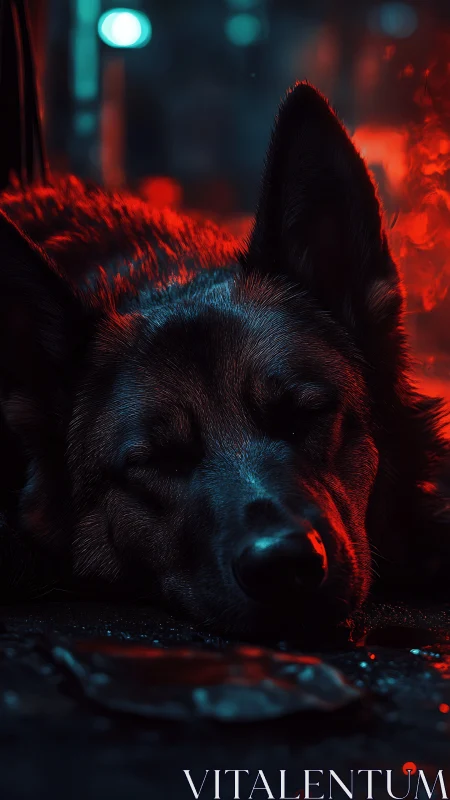 Sleeping dog rests in neon-lit night street glow