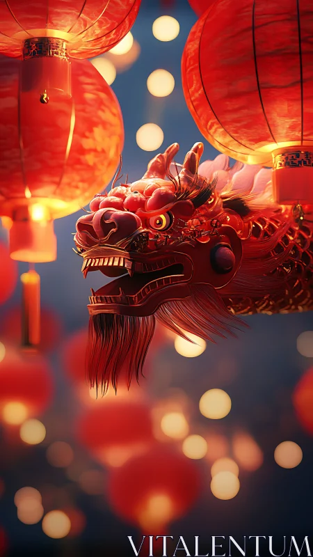 Ceremonial dragon lantern head in cinematic festival bokeh.