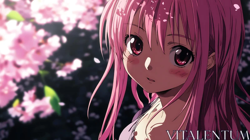 Pink haired anime girl glowing softly under cherry blossoms.