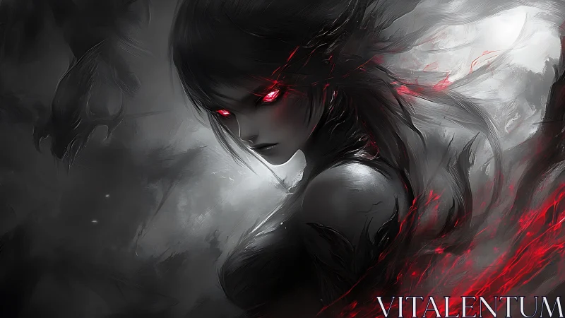 Crimson-eyed shadow siren carves through swirling grayscale storm