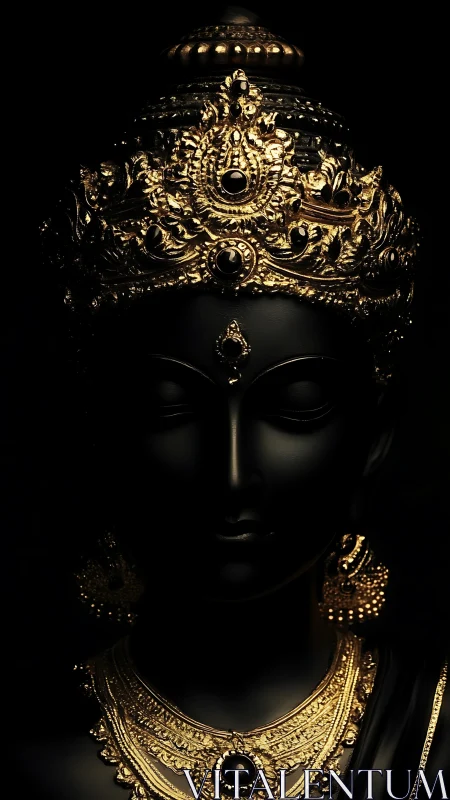 Radiant golden goddess statue glows softly in deep shadow