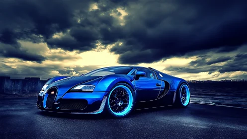 Electric blue supercar waits under stormy twilight skies