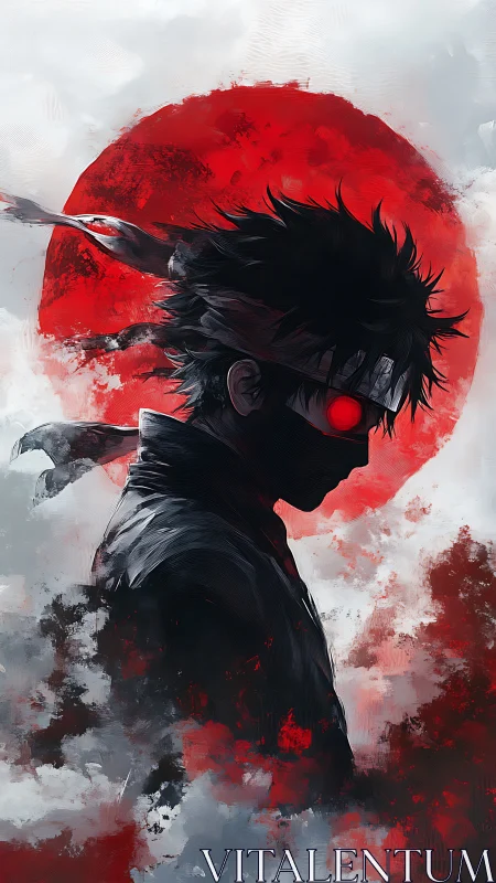 Silhouetted masked figure before red circular backdrop.