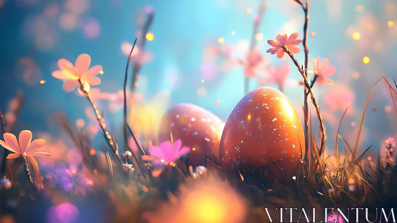 Glowing pastel Easter eggs in dreamy bokeh meadow scene.