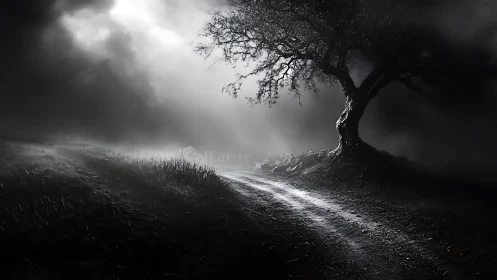 Monochrome dirt road curving past gnarled tree in dense fog