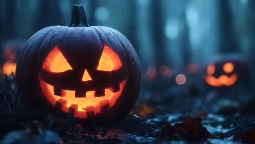 Glowing jack o lanterns in misty blue forest at nightfall.