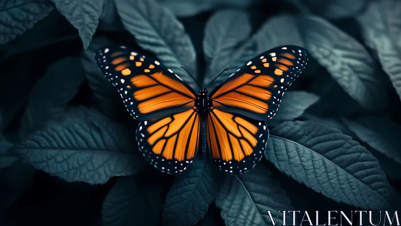 Quiet monarch butterfly rests on deep teal garden leaves