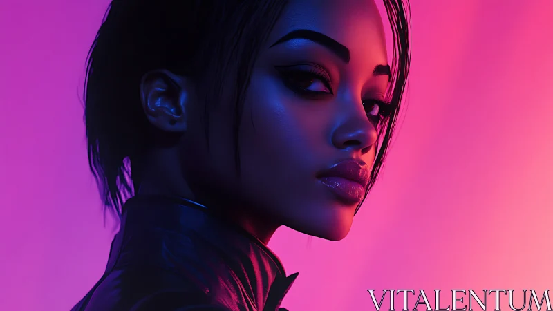 Neon lit portrait of woman in glossy jacket, side gaze.