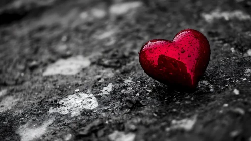 Red heart on asphalt with selective color.
