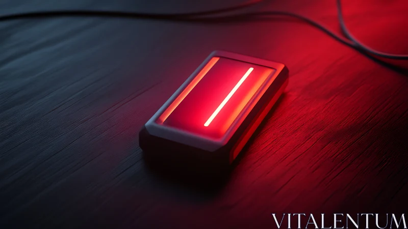 Lone crimson gadget casting sci fi glow on dark wood.