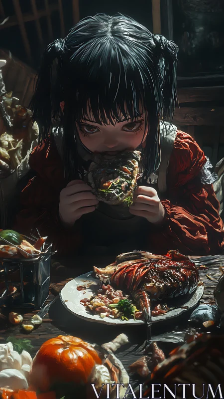 Girl with dark pigtails eating at crowded rustic table.