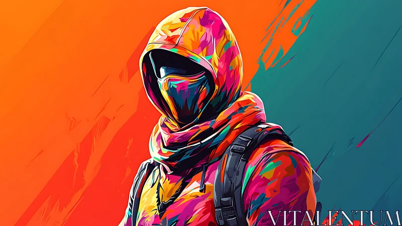 Chromatic hooded wanderer slips through a neon painted storm