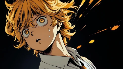 Shocked anime teen with blazing golden eyes and sparks