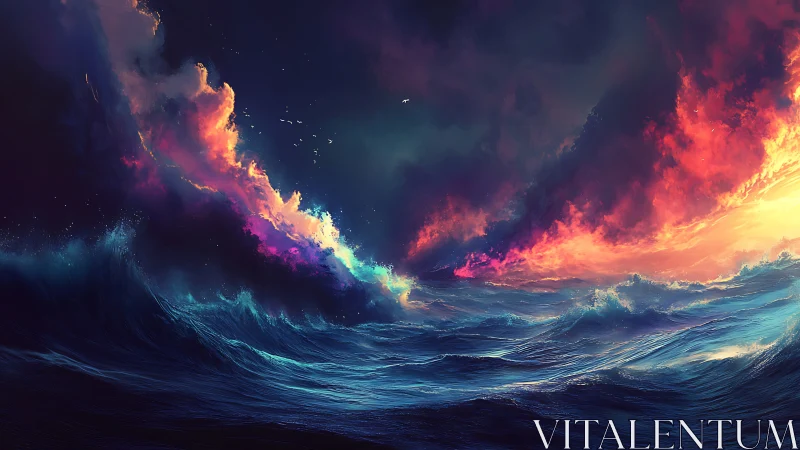 Stormy digital seascape shows turbulent waves and burning sky