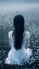 Quiet girl in white dress resting in a misty wildflower field.