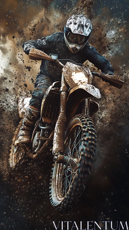 Mud-spraying motocross jump in dramatic suspended motion.