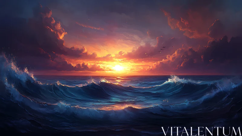 Storm-lit ocean waves under blazing cinematic sunset sky.