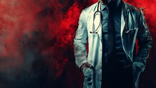 Male doctor in white coat stands against textured red backdrop