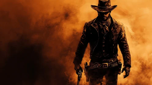 Solitary gunslinger advances through cinematic orange dust