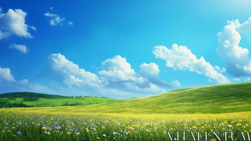 Sunlit wildflower meadows rolling beneath storybook skies.