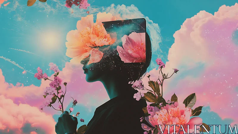 Silhouette figure merges with flowers and sky in vibrant collage