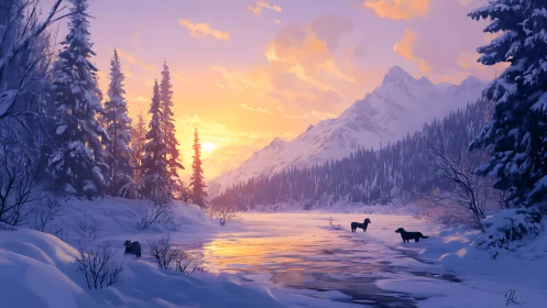 Golden hour sunrise over frozen alpine river with dogs