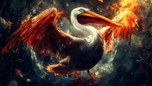 Majestic Pelican with Fiery Wings in Surreal Digital Art Style.