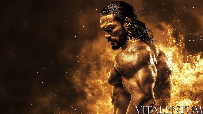 Muscular warrior turns amid roaring golden firestorm.