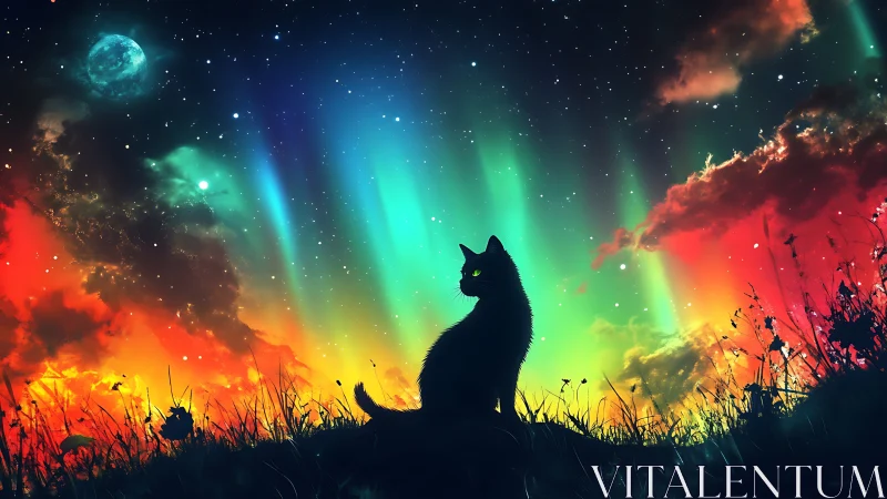 Black Cat Silhouette Under Aurora Borealis With Cosmic Phenomena