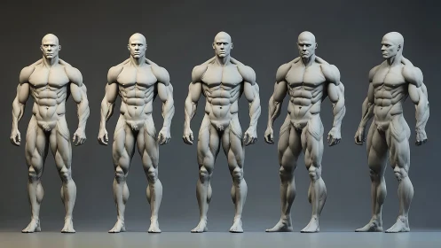 Male anatomical figure lineup in neutral standing poses.