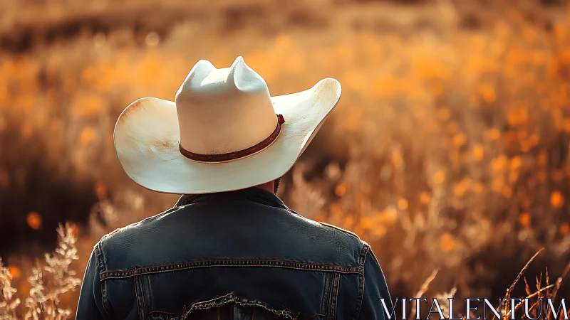 Cowboy in golden field gazes toward the fading evening light.