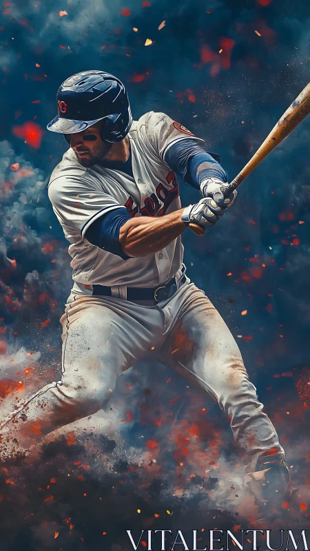 Baseball batter swings bat amid dynamic smoke and sparks