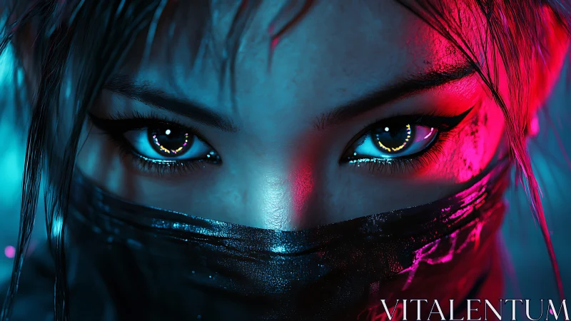 Masked cyberpunk woman stares with neon-lit reflective eyes