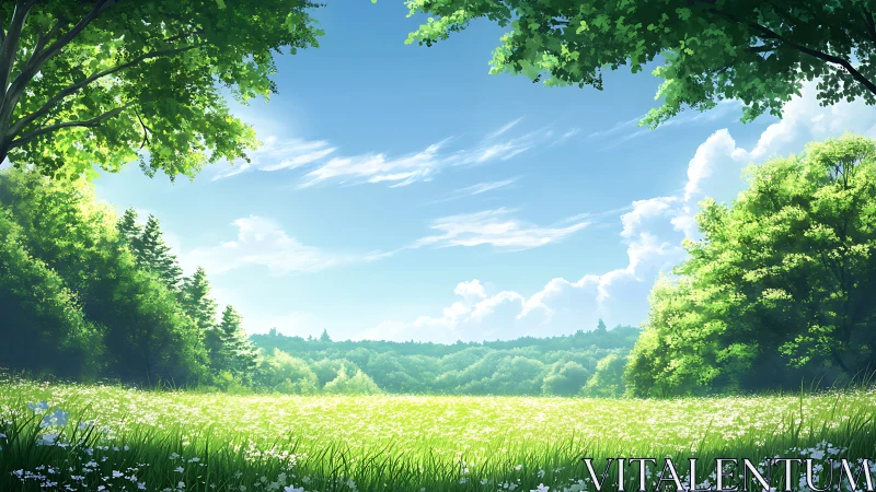 Sunlit wildflower meadow framed by lush summer forest.