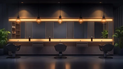Cinematic grooming studio interior with linear LED vanity wall.